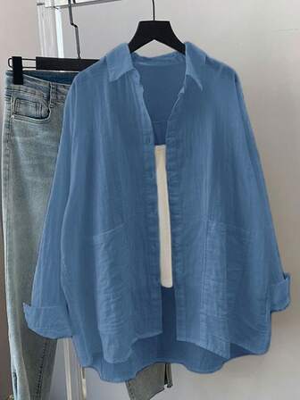 Plus Size Blue Casual Shirt, Button-Down Collar, Long Sleeve, Spring/Autumn