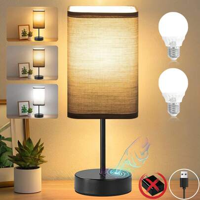 1 PC Bedside Table Lamps - Touch Nightstand Lamp For Bedroom With USB Plug, 3Lighting Modes & 3-Way Dimmable Desk Lamp Grey Fabric Shade For Bedroom Living Room, Office(Bulb Included)