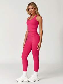 MASKERT "2-Piece Set"Women's Vest Yoga Tight Pants Set, High Stretch Running Sports Set, Comfortable And Skin Friendly - Màu Hồng Tươi - Xem 1