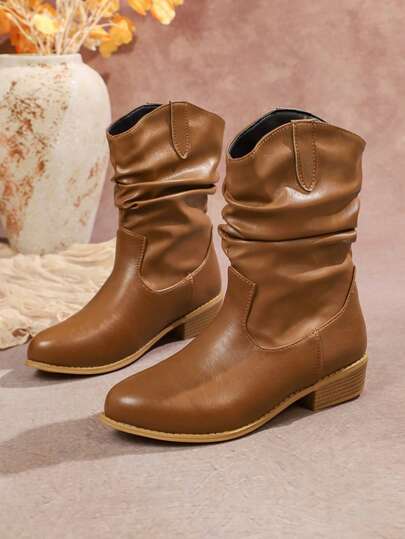 Maillard Leather Cowgirl Mid-Calf Boots, Anti-Slip Fashionable Western Chunky Heel Mid-Calf Boots, Vintage Mature Versatile Boots For Autumn/Winter