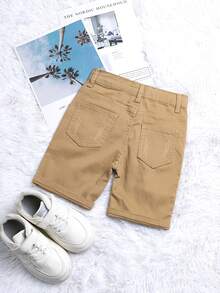 Quần short denim đen cho bé trai thêu logo, màu giặt cũ, cạp chun có thể điều chỉnh, quần short denim Bermuda co giãn - Màu Khaki - Xem 3