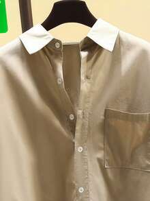 前短后长口袋纽扣休闲简约设计衬衫 - 杏色 - 查看 4