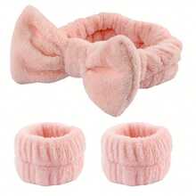 Three-Piece Set For Preventing Wetness While Washing Face, Including Coral Fleece Absorbent Hairband And Wristband, A Tool For Ladies' Washing And Skin Care To Prevent Getting Wet