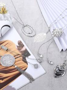 Xiacheng 1/6pcs Women Long Tassel Pendant Necklace, Circular Bar Feather Leaf Sweater Chain, Personalized Necklace - Silver - View 5