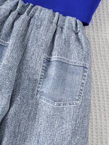 3pcs Toddler Girls' Sweet & Casual Long Sleeve Lightweight Pullover, Sleeveless Tank Top, Denim Effect-Look Pants Set, Spring/Autumn - Royal Blue - View 6