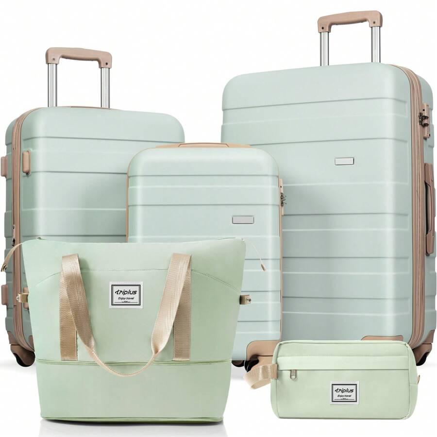 Flieks Luggage Set With Toiletry Bag, Hard-Shell Trolley Suitcase Set, School Trip Essentials For Student Dormitories, Student Essentials For University, Robust Travel Suitcases And Suit Bags, Hand Luggage Set, Travel Suitcase, 4 Wheels, ABS Material, TSA Lock - 綠色 - 查看 1