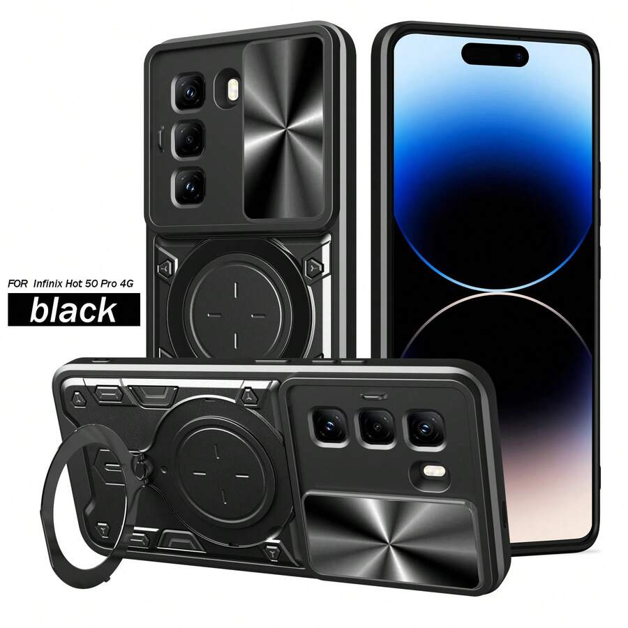 Infinix Hot 50 Pro 4G 手机壳，带滑动相机镜头和支架 - 黑色 - 查看 1