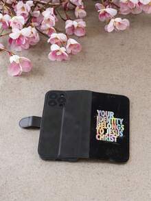 1pc Holographic Text Pattern Flip Phone Case For IPhone 16/16 Pro/16 Pro Max, Phone Case That Can Accommodate Bank Cards And Credit Cards, Phone Case Suitable For IPhone 11/12/13/14/15/16/Pro/Pro Max/Plus - 黑色 - 查看 2