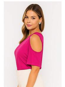 Women's Basic Viscolycra Blouse Round Neck Baby Look Short Sleeve - 粉色 - 查看 2