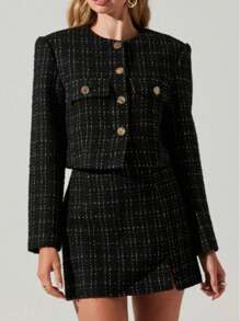 优雅女士粗花呢两件套裙套装，搭配圆领短夹克和迷你裙，纽扣细节，优雅黑色套装 - 黑色 - 查看 1