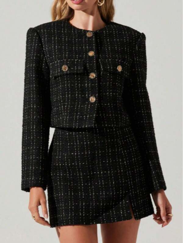 Elegantes Tweed 2-teiliges Rockkostüm-Set für Damen, kombiniert mit Rundhalsjacke und Mini-Rock, Knopfdetails, elegantes schwarzes Outfit