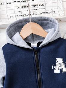 2 piezas Conjunto de estilo deportivo para niños pequeños, chaqueta con cremallera con capucha en parches azul marino y gris + pantalones casuales de unicolor con estampado de letras, otoño/invierno - Azul Marino - Ver 3