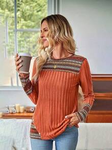 Blusa de manga larga para mujer con estampado elegante de rayas geométricas y cuello redondo - Naranja - Ver 3