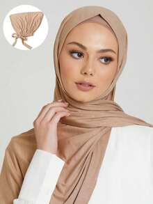 两件套女士穆斯林时尚纯色头巾套装，舒适针织头巾，适合日常祈祷和户外穿着。 - 下巴帽+圍巾 - 查看 11