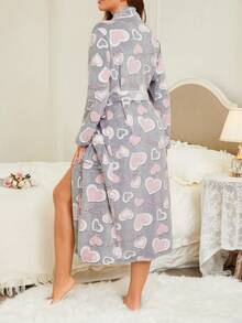 1pc Women's Pink Heart Print Fluffy Robe, Elegant & Fashionable, Thick & Warm For Autumn/Winter, Comfortable For Outdoor, Vacation And Home Wear, Fall, Cozy - Multicolor - View 3