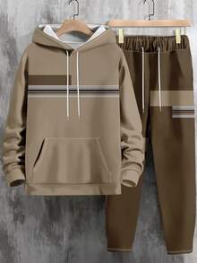 Men's Casual Versatile Striped Patchwork Print Pocket Drawstring Hoodie And Sweatpants Set, Spring/Autumn - Multicolor - View 3