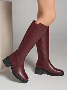 Fall/Winter 2025 New Leather Mid-Heel Over-The-Knee Riding Motorcycle Boots, Simple & Versatile High Shaft Boots For Women - Burgundy - View 6