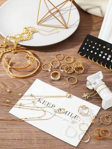 FAXHION 77pcs/35pcs Middle Eastern Style Elegant Vintage Butterfly, Heart, Faux Pearls, Twist, Rhinestone, Snake Chain, Braided Chain, Geometric C-Shaped Earrings, Necklace, Ring, Bracelet Jewelry Set For Holiday, Party, Gift - 金黃色-35件 - 查看 7