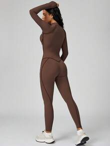 MASKERT 女士瑜伽连体衣，带可拆卸胸垫，速干，高弹，亲肤舒适 - 巧克力棕 - 查看 3