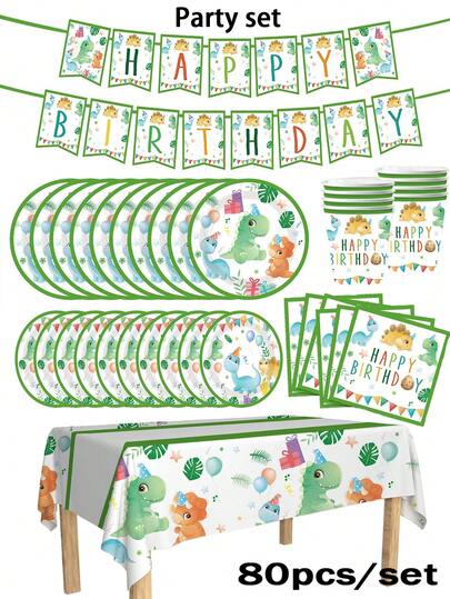 Cartoon Dinosaur Themed Disposable Tableware Set 80/62/42 Pieces/Set, Themed Party Supplies, Disposable Party Plates, Including 7-Inch And 9-Inch Napkins, Paper Cups, Banners, Tablecloths, Suitable For 10/20 People, Themed Parties, Birthday Parties, Clubs, Birthday Decorations, Scene Decorations, Restaurant Decorations, Kitchens, Surprise Parties. Mysterious Gifts, Cartoons, Dinosaurs, Decorations, Restaurants, Disposable Plates