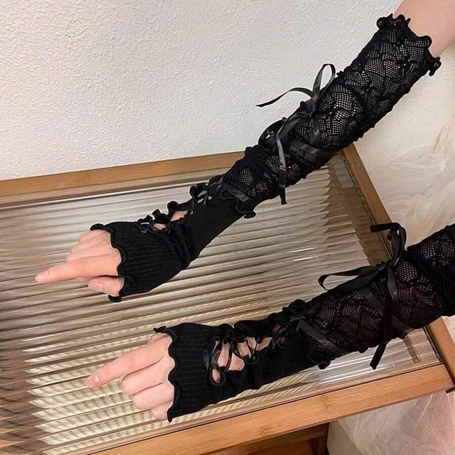 1pair Y2k Ballet Style Sexy Lace Diy Tie-Up Sun Protection Sleeves Jk Arm Warmers Elegant Halloween Valentine's Day - màu đen - Xem 1