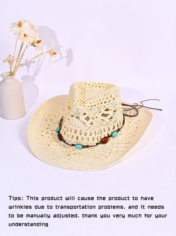 1 Peça Chapéu do Panamá Decorativo Tecido, Proteção UV, Sólido, Boêmio, Casual, Contas, Pedras Preciosas, Vazado, Versátil e Elegante para Todas as Estações - chapéu de palha panamá - Visão 18