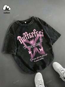 Camiseta de algodón Es Trus, estampado divertido de mariposa rosa y letra, estilo coreano retro de moda callejera y versátil Y2K, adecuada para ocio al aire libre, estilo punk regular de cuello redondo, manga corta y lavada - Negro - Ver 2