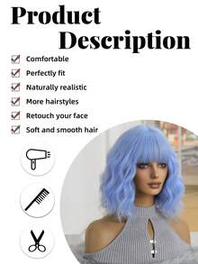 优雅时尚女士假发，14 英寸皇家蓝色耐热合成假发，节日旅行、派对、角色扮演演员假发，日常音乐节、万圣节必备假发 - 寶藍色 - 查看 8