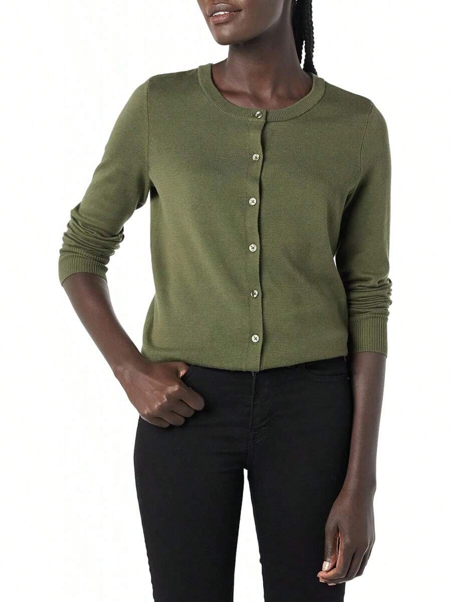 ¡RecomendadoAmazon Essentials - Suéter ligero con cuello redondo para mujer (disponible en tallas grandes)¡Top de Temporada - Verde Oliva - Ver 1