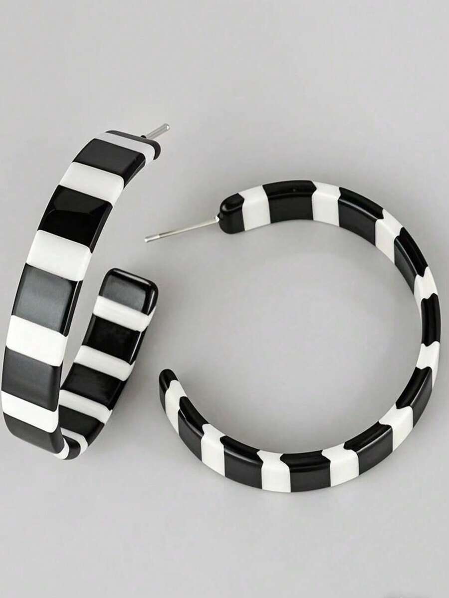 2pcs Casual Women C-Shaped Hoop Earrings, Black And White Zebra Stripe Acrylic, Fashionable Jewelry For Party And Everyday - 彩色 - 查看 1