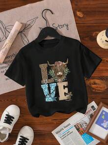 Camiseta de manga corta para niña joven con estampado de letra y cabeza de toro, estilo cómodo y casual, ropa occidental para niña pequeña y niños, camisetas gráficas para niños - negro1 - Ver 3