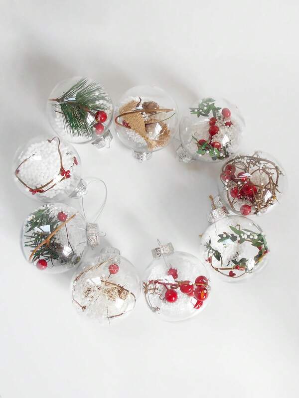 Transparente Cut Out Kugel, Weihnachts- und Neujahrsdekoration, Kunststoffmaterial, Christbaumschmuck, kugelförmige Dekoration, gefüllt mit künstlichem Schnee, roten Beeren und Tannenzweigen, geeignet für Weihnachtsbaum und Partydekoration. Weihnachtsdekoration für Zuhause, Raumdekoration Winter