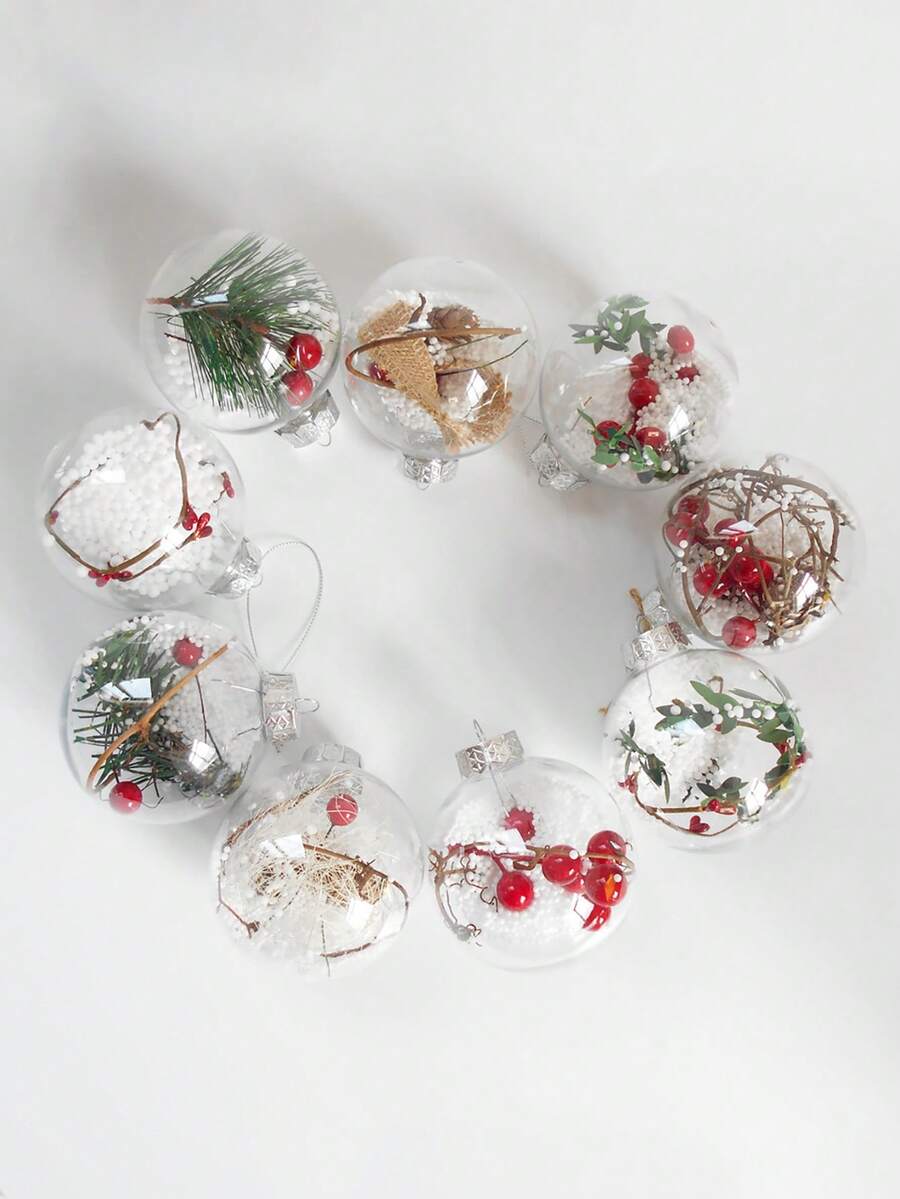 Transparente Cut Out Kugel, Weihnachts- und Neujahrsdekoration, Kunststoffmaterial, Christbaumschmuck, kugelförmige Dekoration, gefüllt mit künstlichem Schnee, roten Beeren und Tannenzweigen, geeignet für Weihnachtsbaum und Partydekoration. Weihnachtsdekoration für Zuhause, Raumdekoration Winter