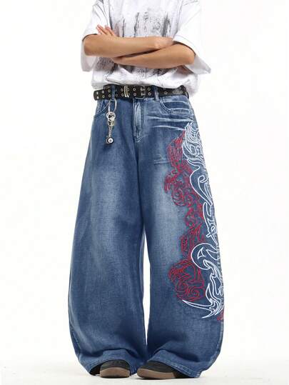 1pc Hong Kong Style High Street 3D Embroidered Floral Fashion Versatile Men's Washed Loose Wide Leg Jeans (Product Does Not Include Belt And Accessories)