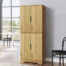 Fluted Pantry Cabinet,Kitchen Pantry Storage Cabinet With Drawer And Adjustable Shelves,  Sliding Storage Rack, And 7 Hanging Shelves,Pantry Cabinet For Kitchen, Bathroom Or Hallway, White,Natural Oak - 黃橡木 - 查看 5