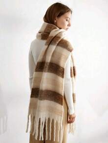 1 chiếc khăn choàng lông cừu ấm áp họa tiết kẻ sọc nhiều màu thời trang dành cho nữ, khăn choàng chống gió phong cách Bohemian thường ngày cho cặp đôi, khăn choàng ấm áp thích hợp mặc hàng ngày, mặc vào mùa thu/đông - nâu và trắng - Xem 3