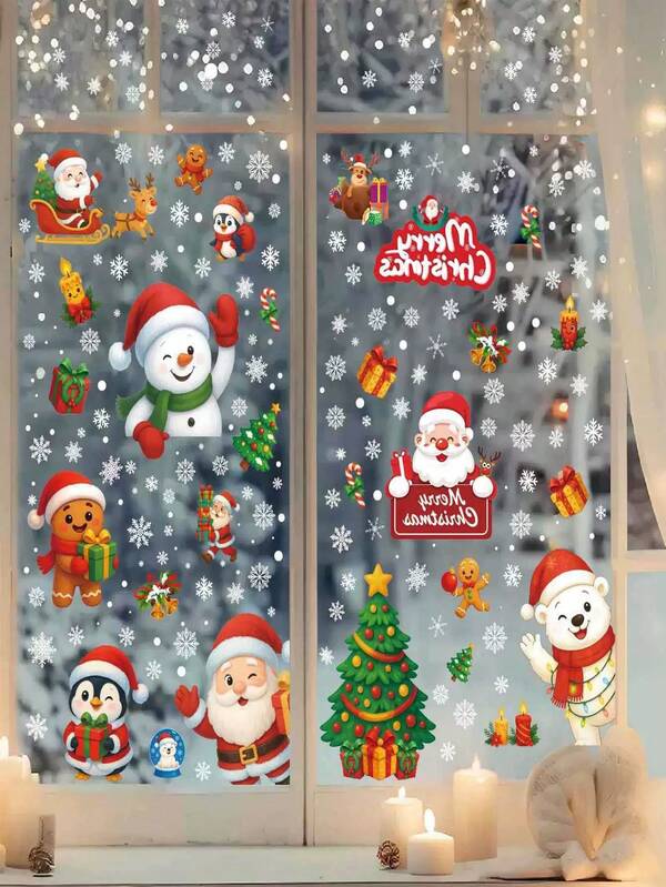 Adesivo de vidro para janela com 9 peças de flocos de neve de Natal - Papai Noel, rena, boneco de neve e flocos de neve, adesivos de vidro de PVC, sem resíduos para decoração festiva em ambientes internos e externos, padrões de celebração; adesivo sem rastros, decoração de Natal