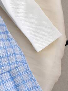 3pcs Girls Elegant School Style Patterned Long Sleeve Jacket, Long Sleeve Top, Pleated Skirt Set, Spring/Autumn - Baby Blue - View 10