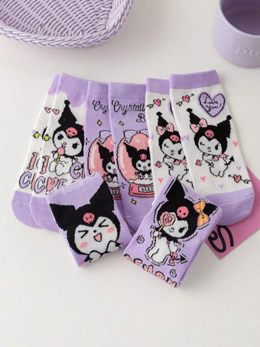 Sanrio 1/5 Paia di calzini Sanrio Kuromi carini con design a sfera di cristallo a forma di cuore, adatti per tutte le stagioni