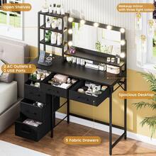 Vanity Desk With Mirror And Lights, 3 Color Modes With Adjustable Brightness, 5 Spacious Fabric Drawers & Open Storage Shelves, Modern Makeup Vanity Table For Bedroom - 查看 4