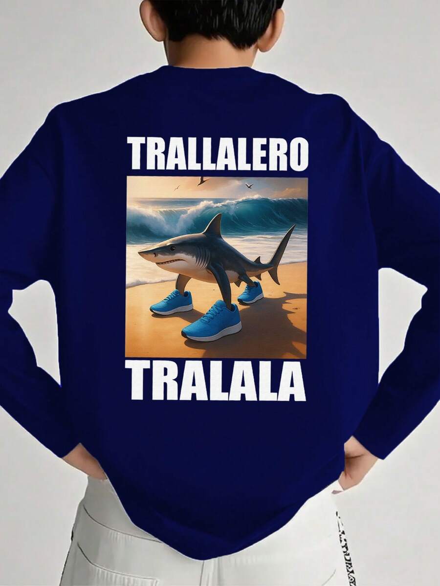 青少年男孩休闲图案印花圆领长袖运动衫，秋冬