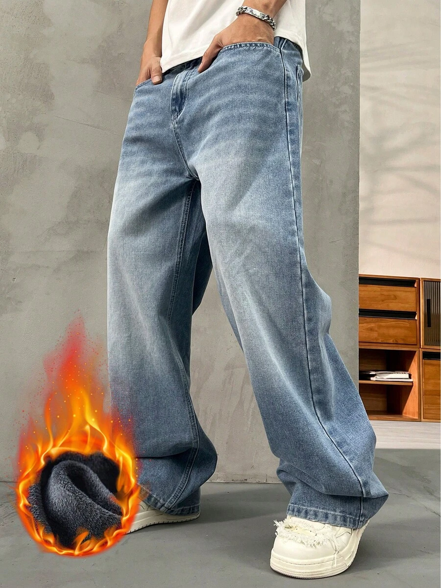 Autumn/Winter Thick Casual Loose Fit Men's Thermal Lined Jeans, Suitable For Everyday Wear - Light Wash - View 1