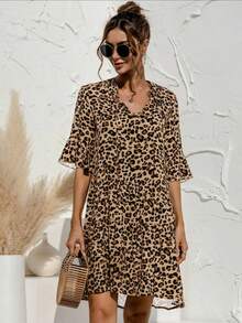 女式豹纹V领短袖休闲优雅连衣裙，春夏 - 卡其色 - 查看 3