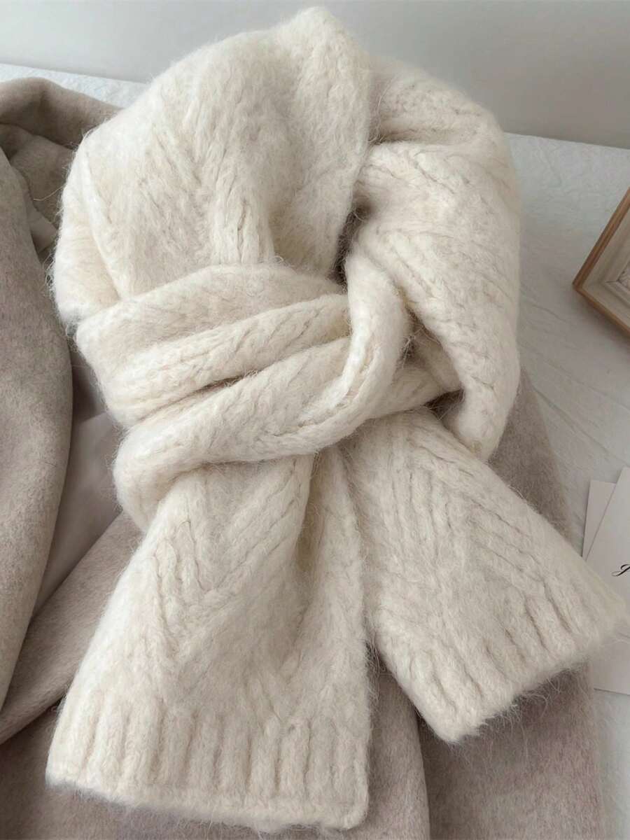Beige Knitted Scarf For Women, Soft & Warm Knitted Thick Cashmere Neck Warmer, Fashionable Student Style, Suitable For Winter For Dress - Beige - View 1