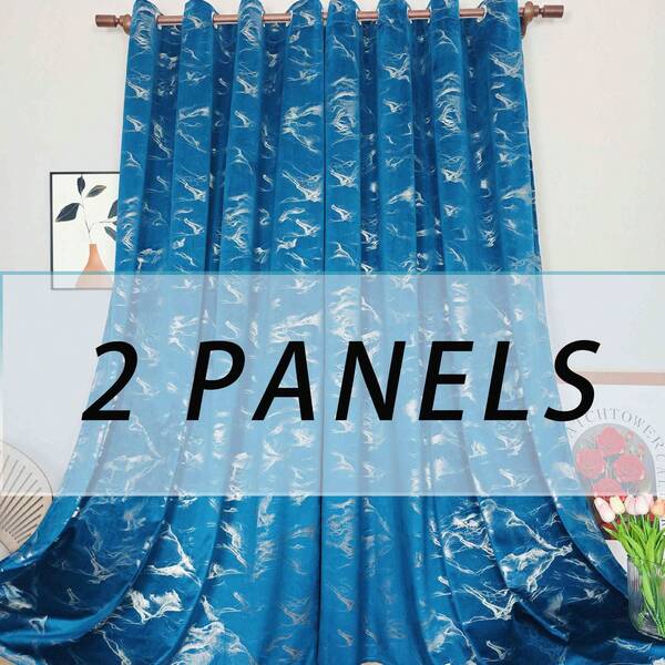 2 piezas de Cortinas opacas de terciopelo con estampado de lámina metálica, diseño de cielo estrellado azul pavo real, cortinas opacas con textura de terciopelo lujosa