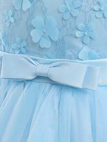 女童圆领长袖蕾丝网纱3D花朵蝴蝶结优雅花童礼服，适合正式派对、生日等场合，不含头饰 - 淺藍色 - 查看 6