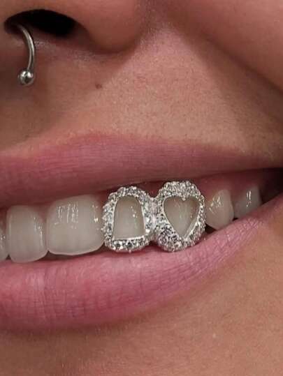 2pcs Heart-Hollowed-Out Design Iced Out Diamond Heart Window Grillz– Golden & Silver Grillz | Personalized Grillz Sets Teeth Gems Grills For Teeth Men
