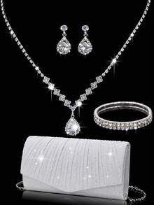 女士钻石首饰 闪耀奢华水钻首饰套装 闪耀项链 耳环 手链套装 闪光皱纹手提宴会包 V 型翻盖信封包 手提包 宴会包 钱包手提包 优雅手提宴会包 手提包 女士舞会手提包 女士新娘宴会包 舞会手提包 金属链条手提包 婚礼派对手提包 酒会婚礼 新款钱包宴会包