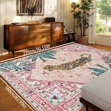 1pc Luxury Vintage Tiger & Floral Striped Totem Area Rug, Soft Faux Wool Wild Animal Farmhouse Style Washable Decorative Carpet For Living Room, Bedroom, Entryway, Bathroom, Hallway, Patio, Kitchen, Indoor Outdoor, All Season Large Mat - Light Pink - Home Decor - Multicolor - View 14