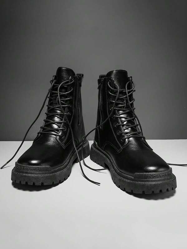 Ghete de motocicletă casual negre pentru bărbați, mărime mare, cu șireturi, antiderapante, care cresc în înălțime, potrivite pentru ținute de stradă în toate anotimpurile